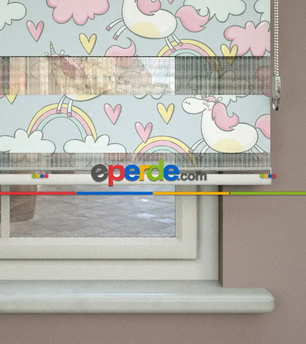 Unicorn Desenli Baskılı Zebra Perde- Çok Renkli