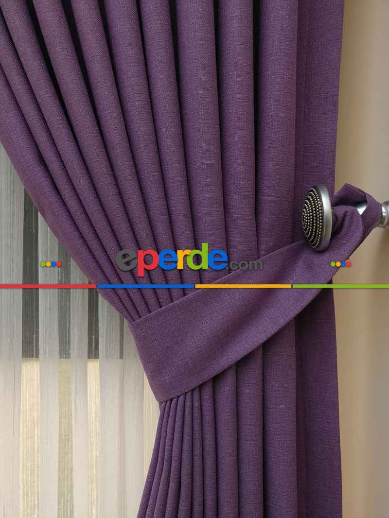Keten Mor Renk Düz Fon Perde- Lila Koyu Lila