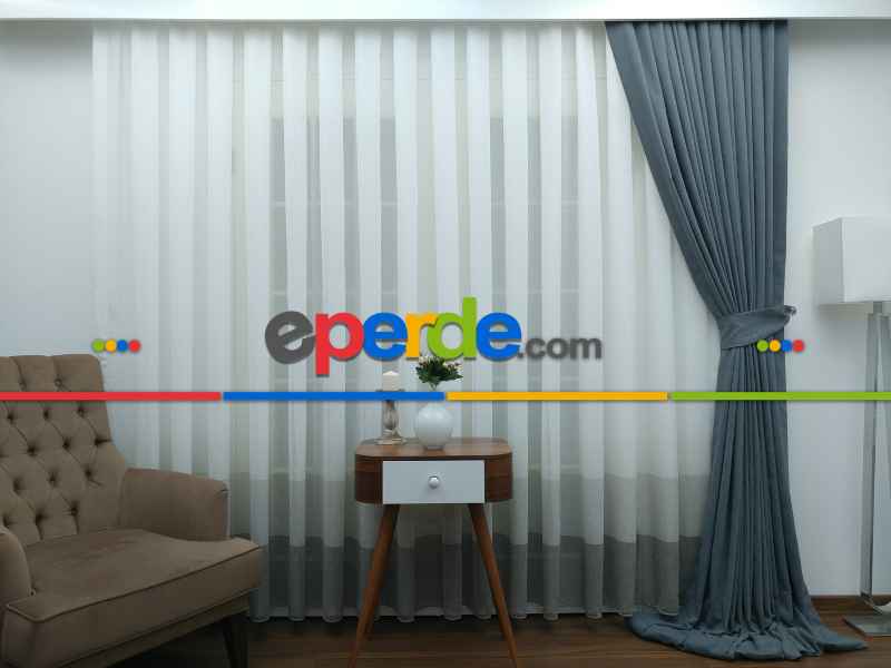 Vizon - Bej Keten Tül Degrade Perde- Bej-vizon Rengi - Kurşunlu Tül