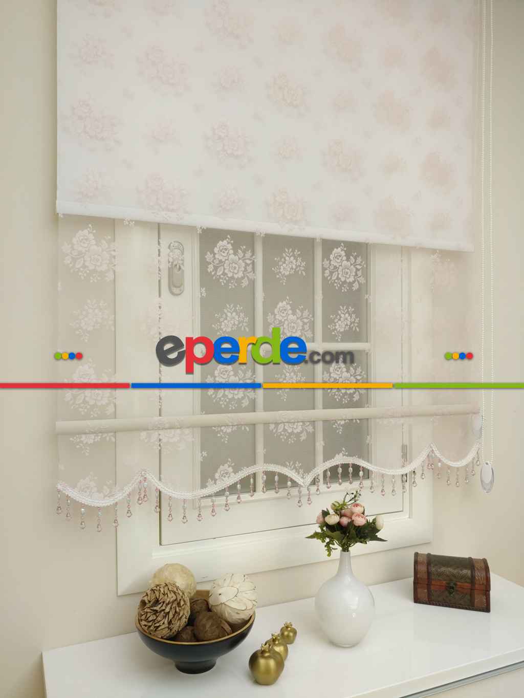Purda Pembe Çiftli Sistem Örme Tül Stor Perde Ve Stor Perde- Pembe Pudra Pembe 75cm X 200cm 