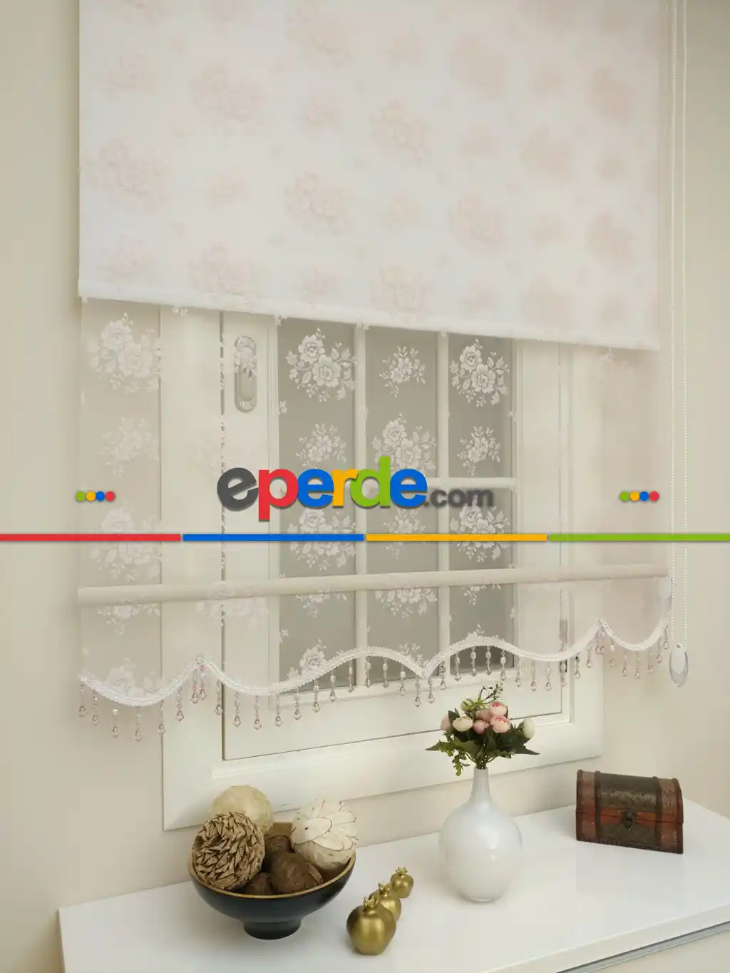 Purda Pembe Çiftli Sistem Örme Tül Stor Perde Ve Stor Perde- Pembe Pudra Pembe 75cm X 200cm 