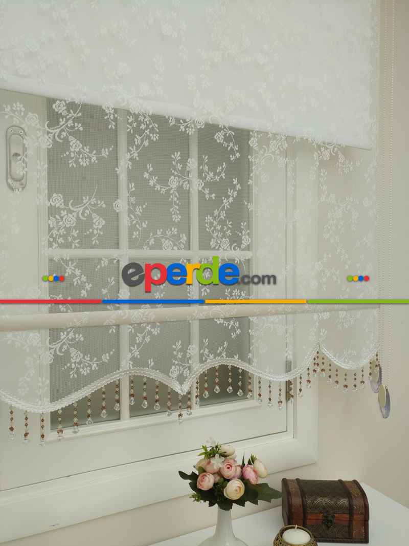 Brillannt - Tül + Stor Perde - Çiçekli Desen Çiftli Sistem Perde - Dallı Çiçek Model- Krem Açık-ekru