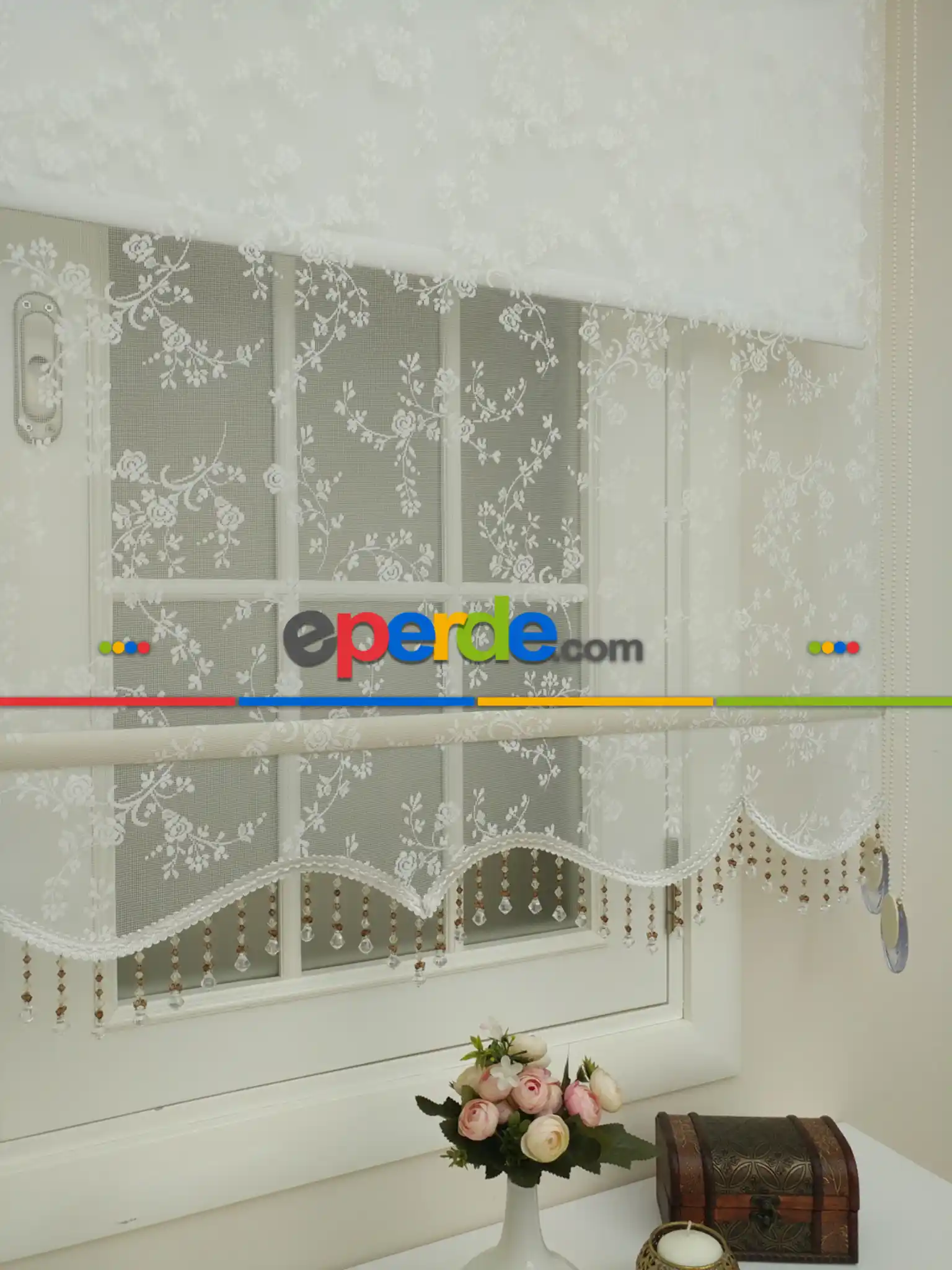 Yatak Odası - Stor Perde - Çiçekli Desen Çiftli Sistem Tül Ve Stor Perde - Dallı Çiçek Model- Krem Açık-ekru