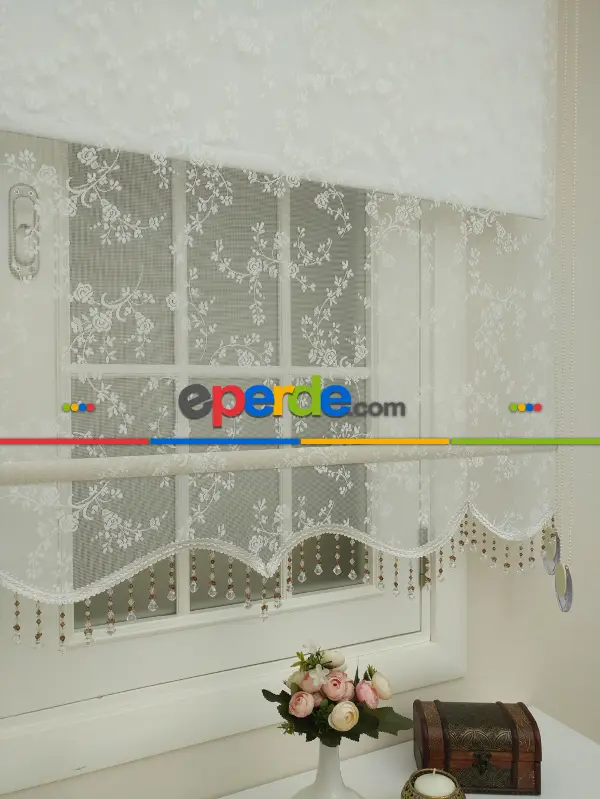 Brillant - Stor Perde - Çiçekli Desen Çiftli Sistem Tül Ve Stor Perde - Dallı Çiçek Model- Krem Açık-ekru