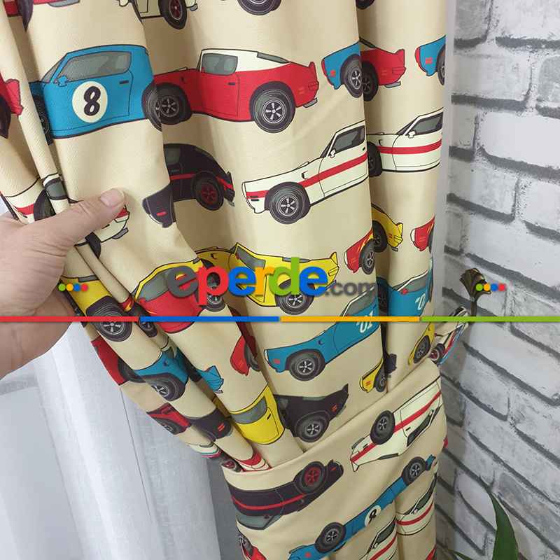 Popart Araba Desenli Fon Perde Evm1063 Kumaşı Kalındır Duck Bezi Değildir- Siyah-Kırmızı-Sarı-Beyaz