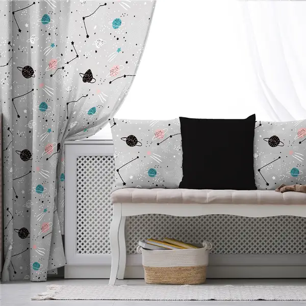 Çocuk Odası - Gezegen Desenli Fon Perde Evim497 Kumaşı Kalındır Duck Bezi Değildir- Mavi-beyaz