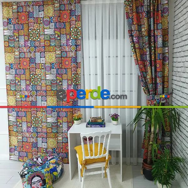Etnik Desenli Fon Perde Evm1062 Kumaşı Kalındır Duck Bezi Değildir- Kırmızı-Pembe-Hardal Sarısı- Çok Renkli 3