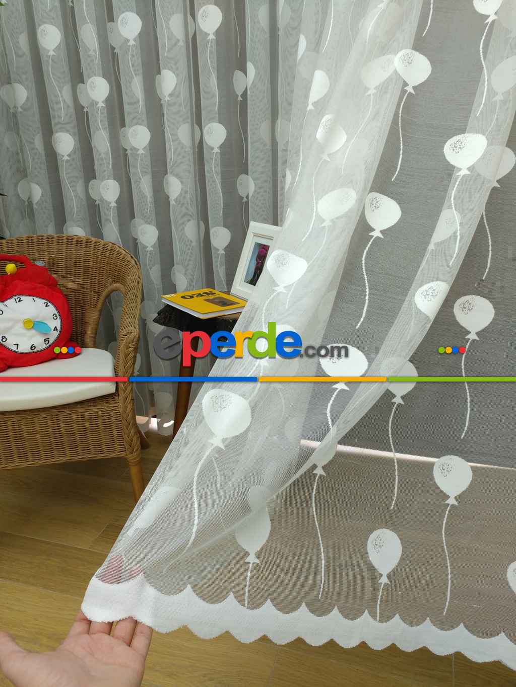 Çocuk Odası Tül Perde - Balon Desenli Örme Tül Perde- Ekru