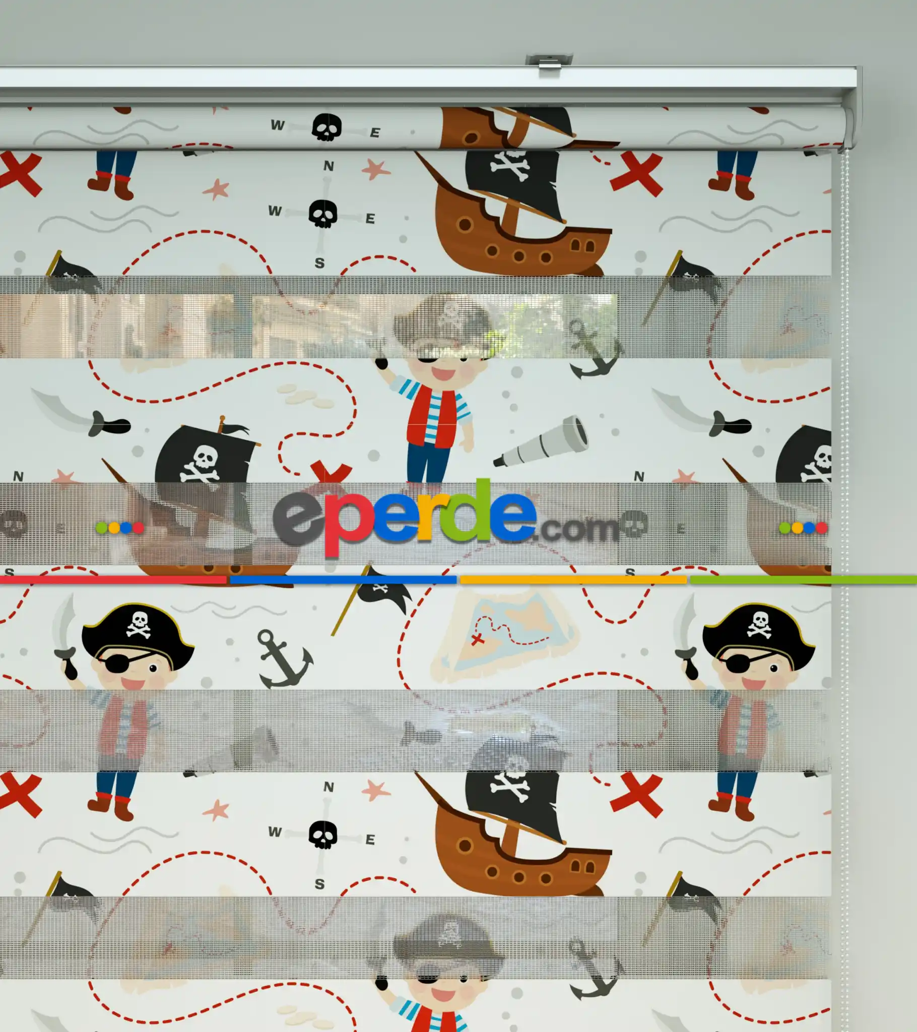 Bebek Odası Zebra Perde - Korsan Desen Baskılı Zebra Perde- Çok Renkli