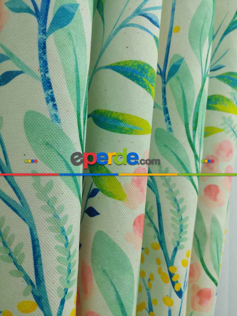 Mutfak Perdesi Kanat Fon Perde Çiçek Desenli- Yeşil