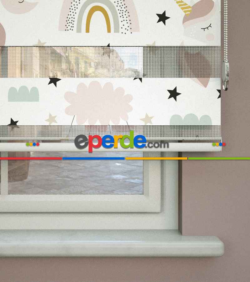 Çocuk Odası - Unicorn Desenli Baskılı Zebra Perde- Çok Renkli