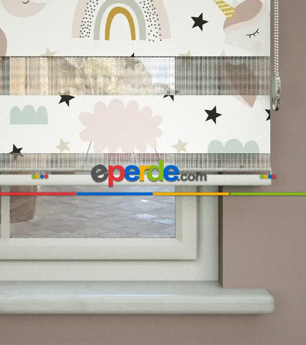 Çocuk Odası - Unicorn Desenli Baskılı Zebra Perde- Çok Renkli