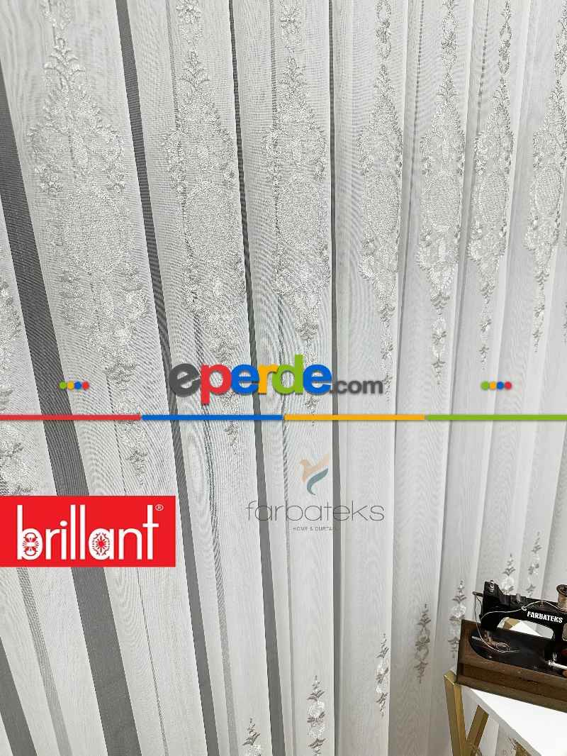 Brillant Ayna Desen Gri İşlemeli Tül Perde