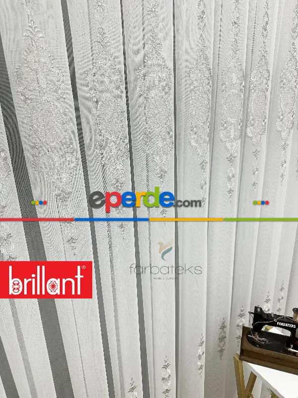 Brillant Ayna Desen Gri İşlemeli Tül Perde