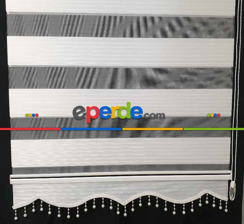 Brillant Beyaz/krem Boncuklu Boncuksuz Zebra Perde- Beyaz