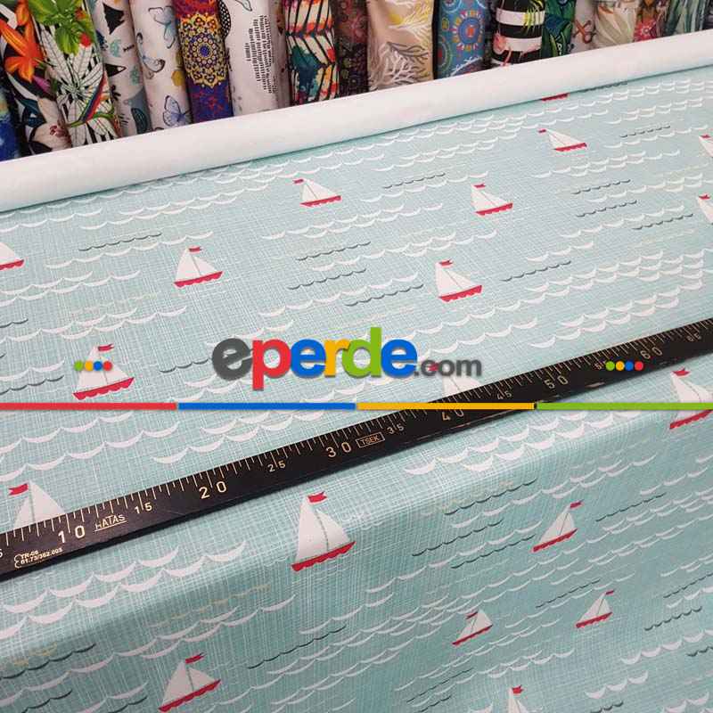 Bebek Odası Fon - Marine Kayık Desenli Fon Perde Evm670 Kumaşı Kalındır Duck Bezi Değildir- Mavi