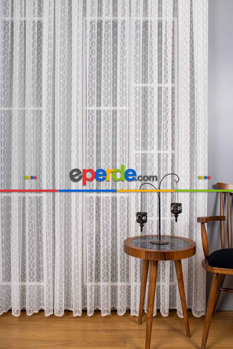 Salon - Taç Fransız Dantel Örme Tül Perde - Ekru