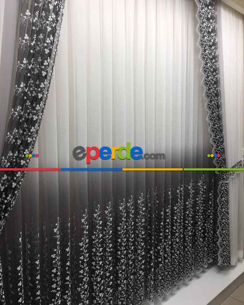 Salon Tül - Gri Degrade İşlemeli Tül