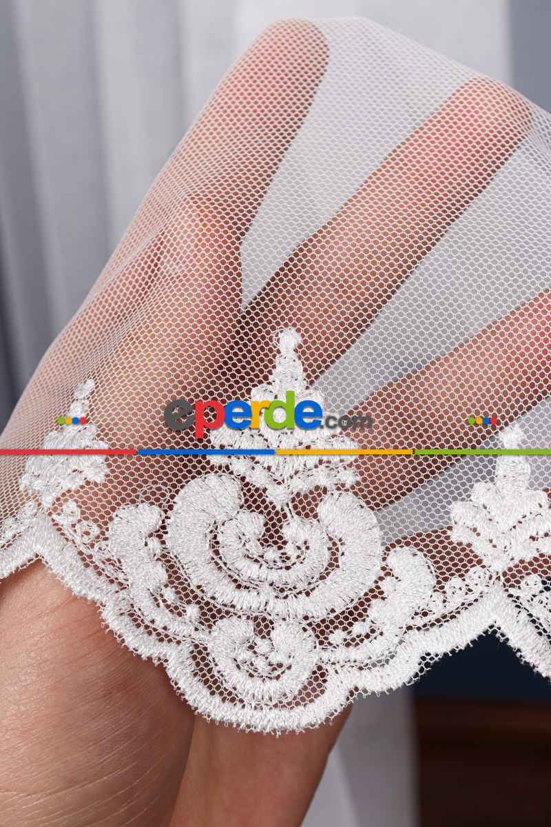 Mutfak Grek Etek Ucu İşlemeli Nakış Damaks Tül Ekru Renk - Kırık Beyaz- Ekru