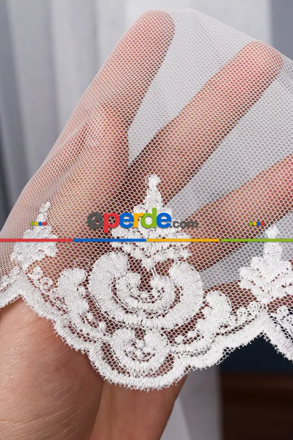 Salon Tül Perde - Grek Etek Ucu İşlemeli Nakış Damaks Tül Ekru Renk - Kırık Beyaz- Ekru