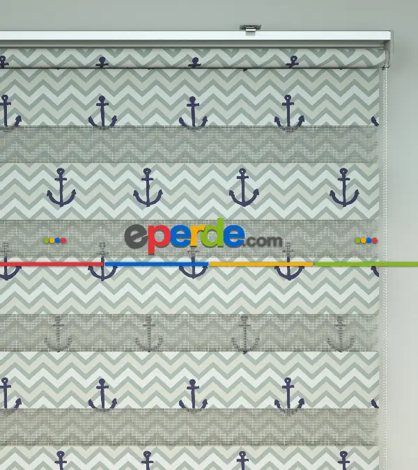 Bebek Odası Zebra Perde - Çapa Baskılı Zebra Perde- Beyaz-Mor-Su Yeşili