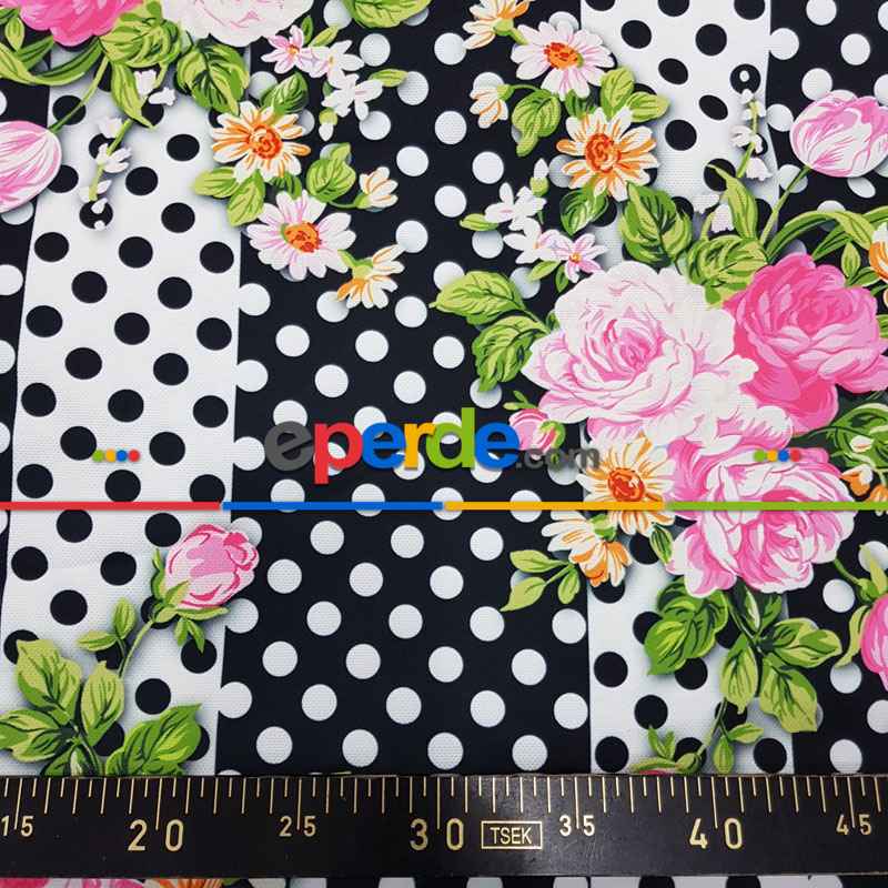 Çiçek Desenli Fon Perde Evm836 Kumaşı Kalındır Duck Bezi Değildir- Siyah-Beyaz-Pembe Koyu
