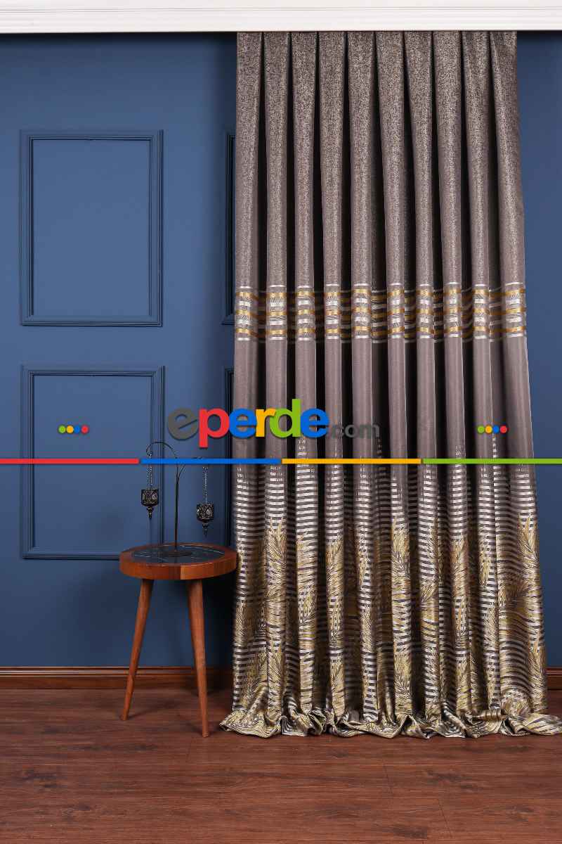 Salon - Hawai Füme-gri-gold Pano Fon Perde