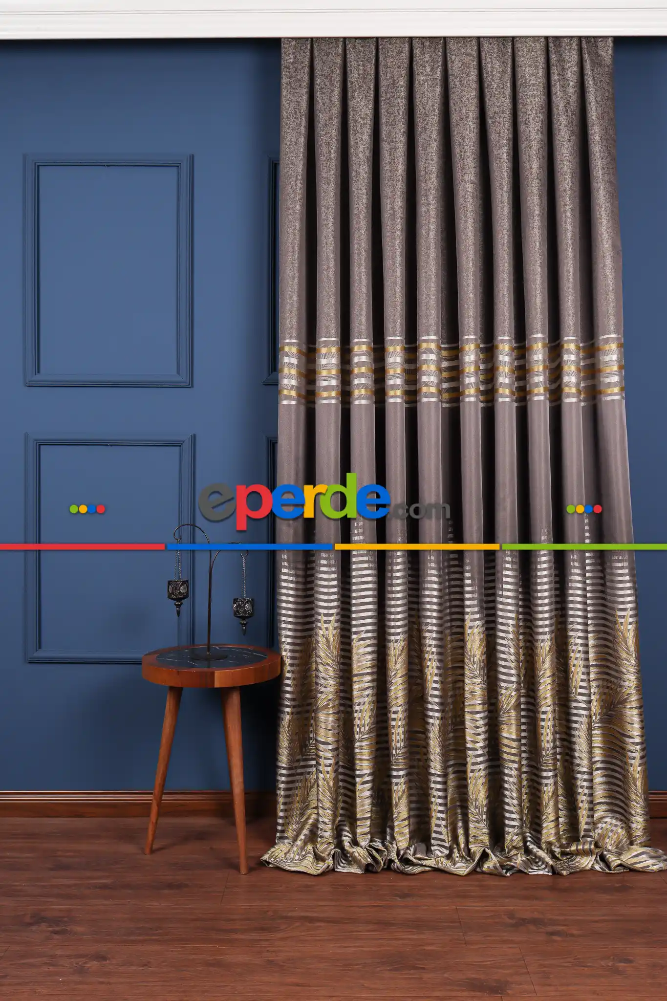 Salon - Hawai Füme-gri-gold Pano Fon Perde