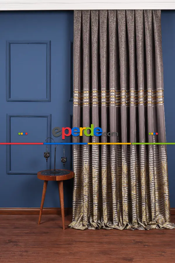 Salon - Hawai Füme-gri-gold Pano Fon Perde