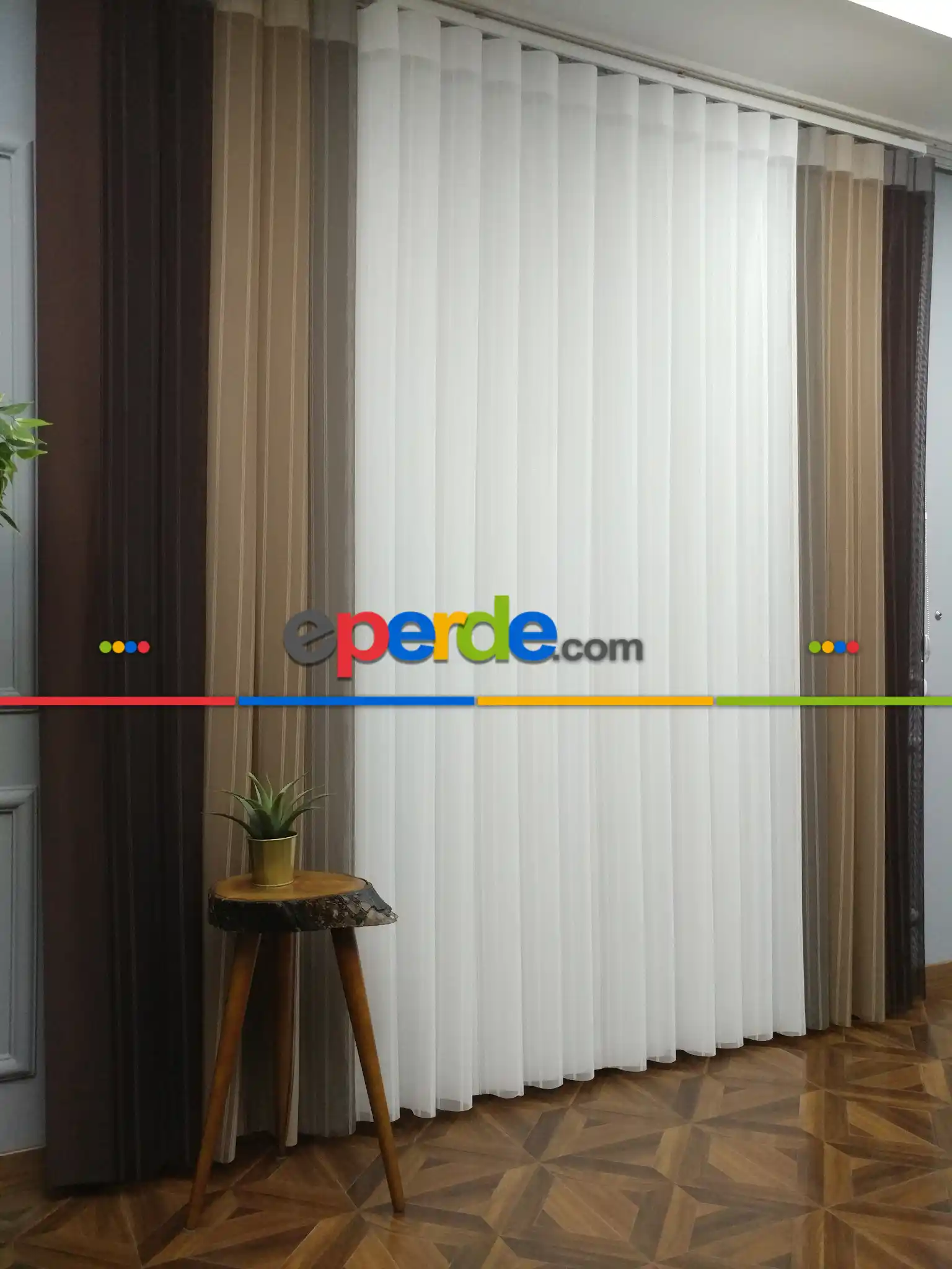 Lens Akıllı Dikey Tül Perde 118- Beyaz-kahve Koyu-vizon Rengi- Çok Renkli 2-taş Rengi