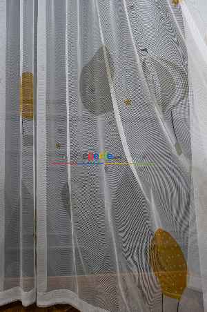 Hazır Ölçülü Petek Zemin Hardal Ve Krem Renkli Balon Desenli Grek Baskılı Tül Perde