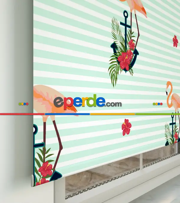 Bebek Odası Stor Perde - Çapa Ve Flamingo Desenli Baskılı Stor Perde- Çok Renkli