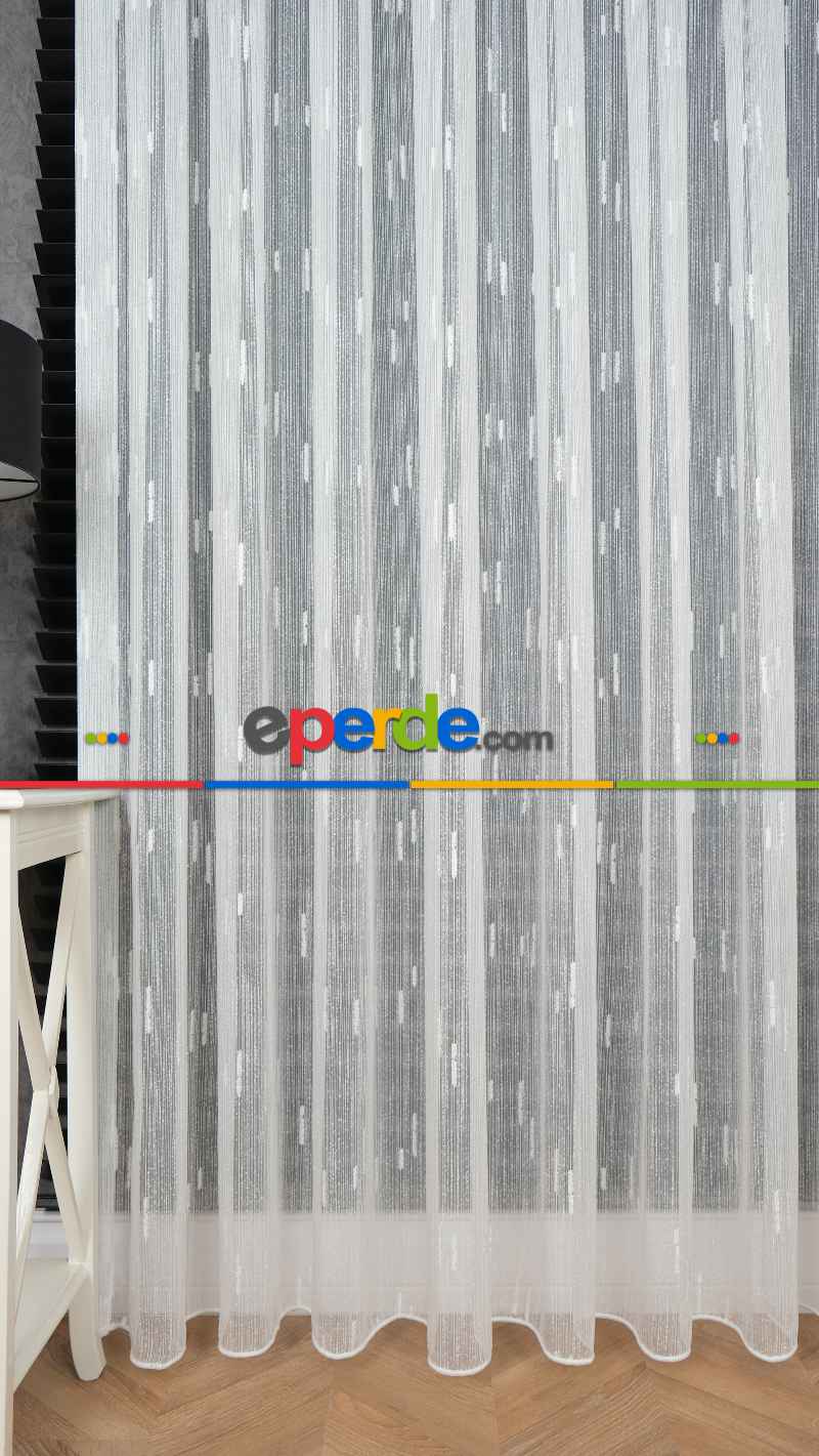 Ekru Şantuk Çizgili Tül Perde Tüğ