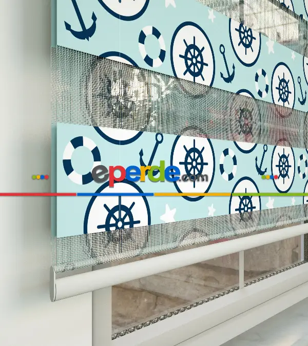 Bebek Odası Zebra Perde - Çapa Desen Baskılı Zebra Perde- Çok Renkli