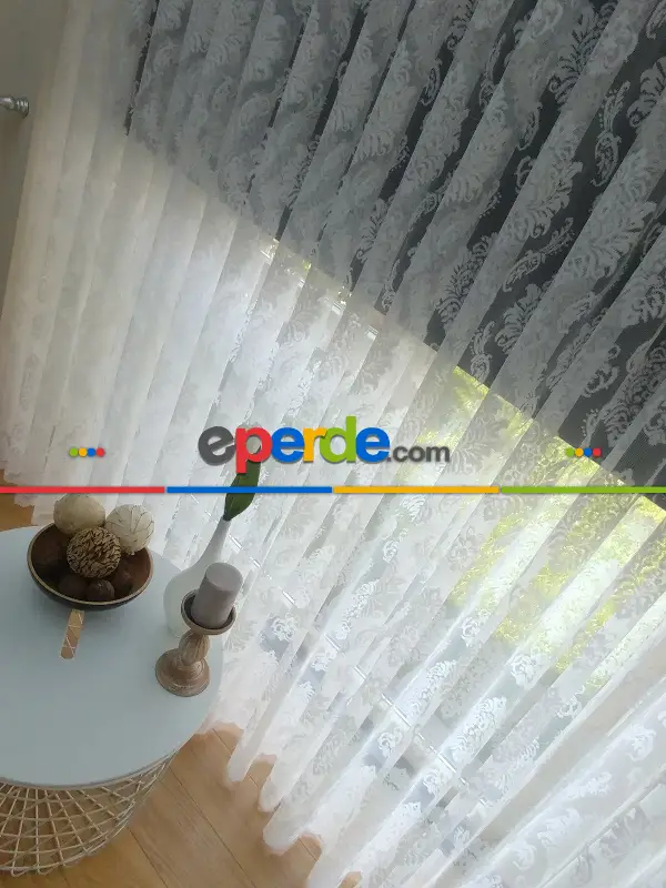 Salon Damask Desenli Örme Kdk Tül Perde %30 Ekstra İndirimli- Ekru