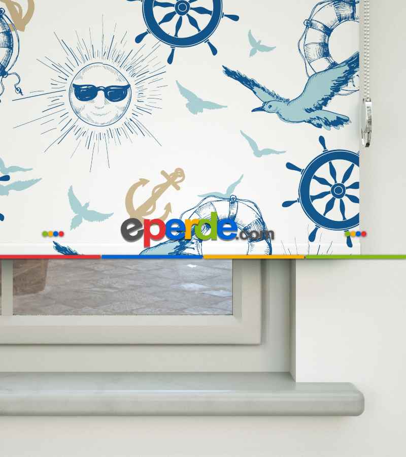 Çocuk Odası Stor Perde - Denizci Desenli Baskılı Stor Perde- Çok Renkli