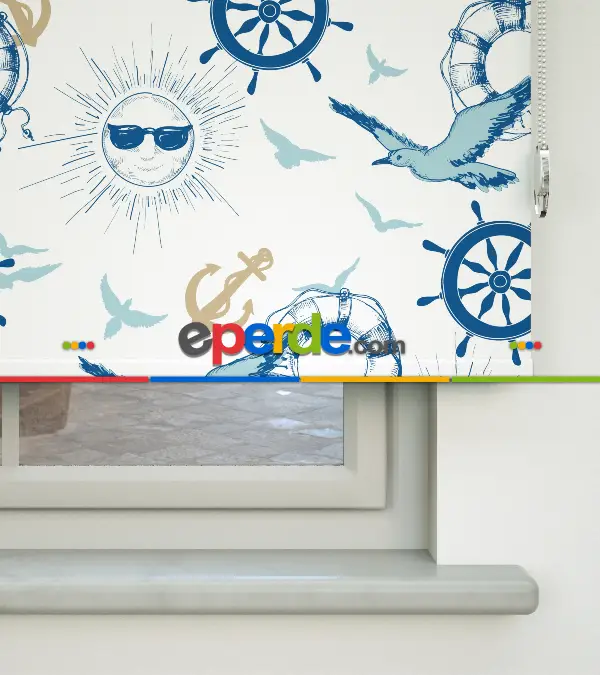 Denizci Desenli Baskılı Stor Perde- Çok Renkli