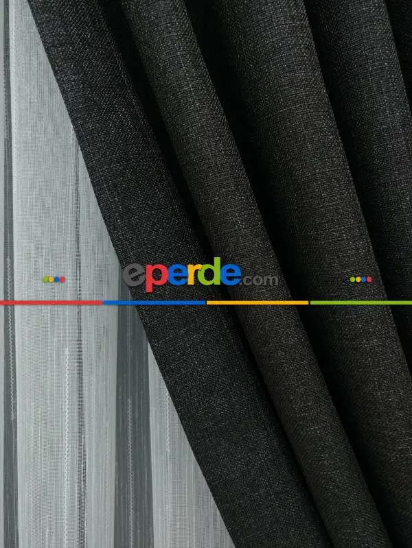 Yatak Odası - Keten Füme Antrasit Renk Düz Fon Perde (  )- Füme