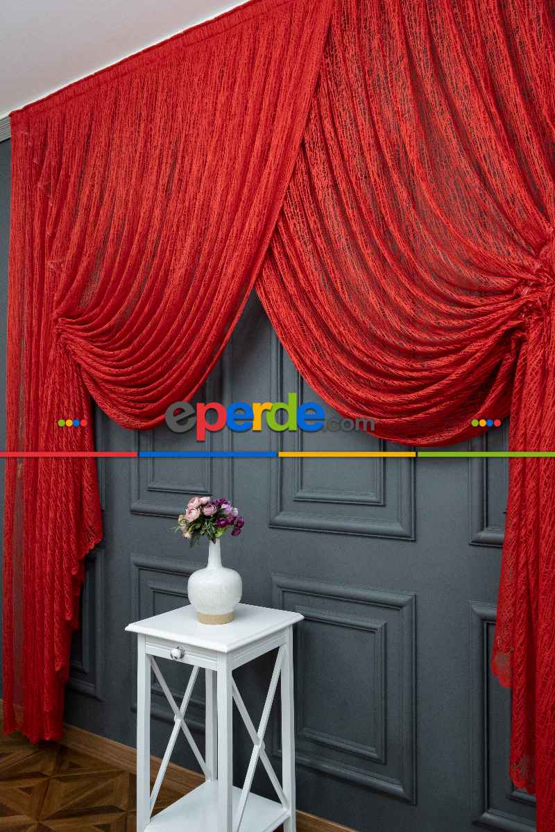 Kırmızı Renk Tül Perde / Camkırığı Tül