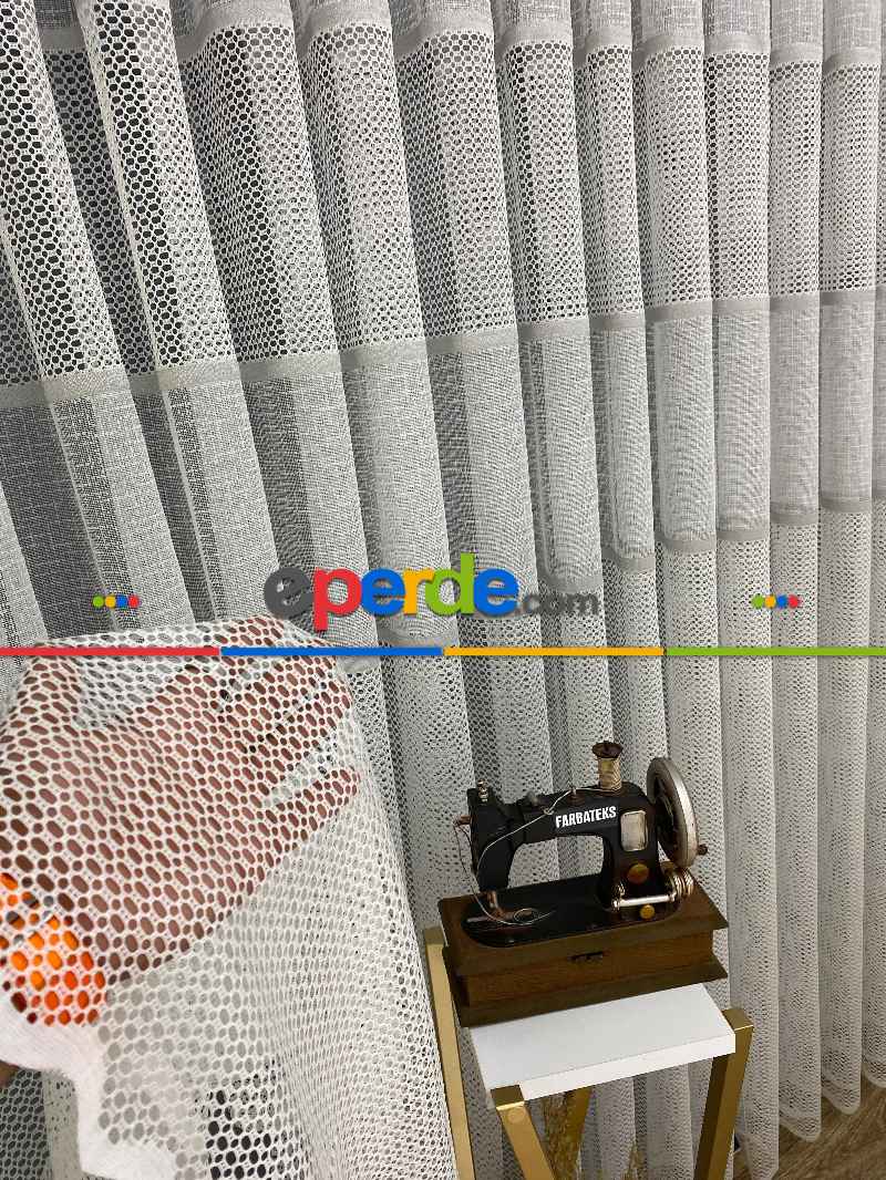Gri Çizgili Tül Perde - Spor Desenli - Tül Perde - Örme Tül Perde - Ütü İstemeyen