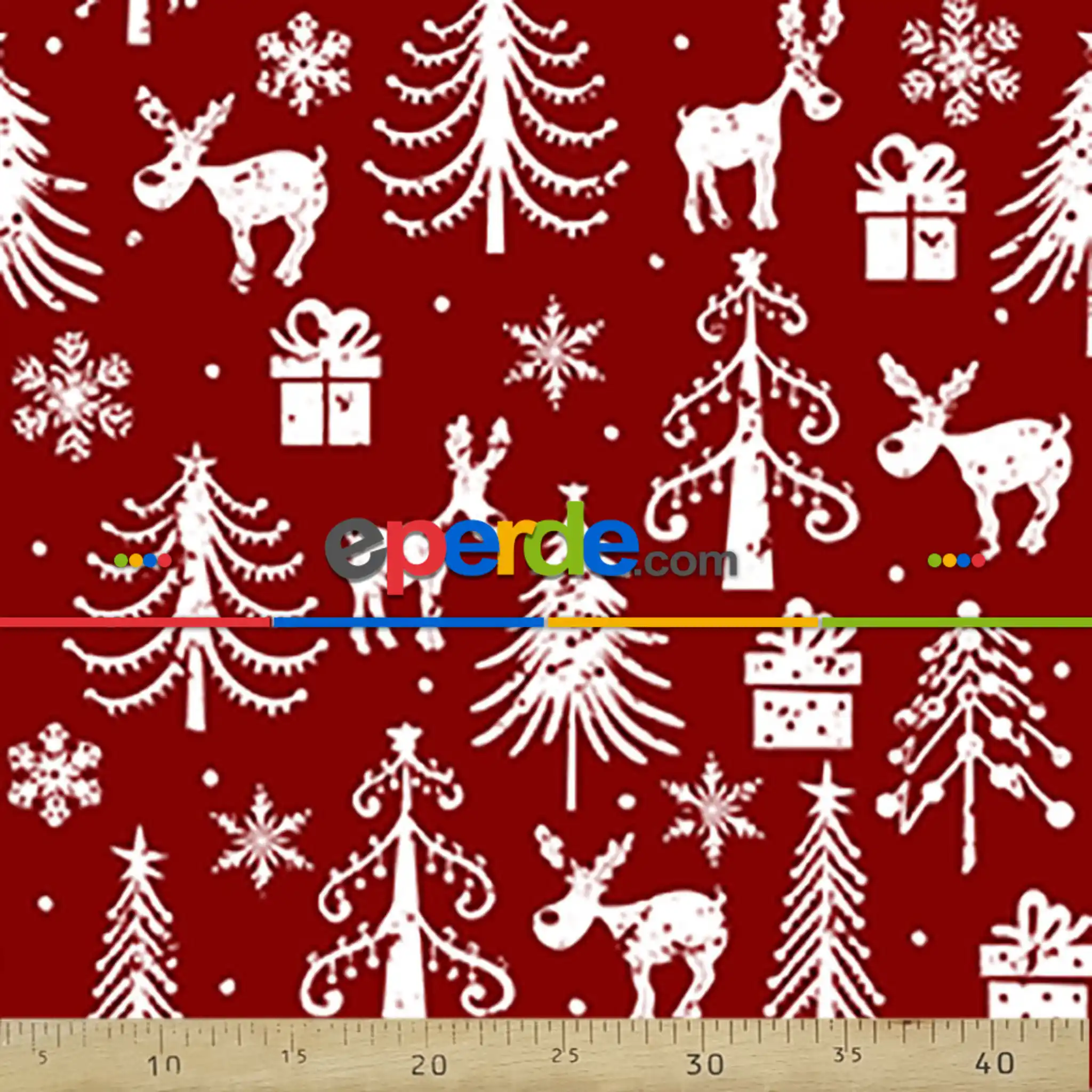 Yılbaşı Geyikli Desenli Fon Perde Evm751-3 Kumaşı Kalındır Duck Bezi Değildir- Beyaz-Bordo