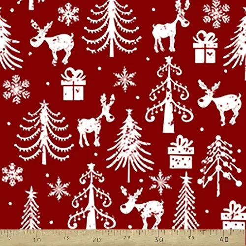 Yılbaşı Geyikli Desenli Fon Perde Evm751-3 Kumaşı Kalındır Duck Bezi Değildir- Beyaz-Bordo