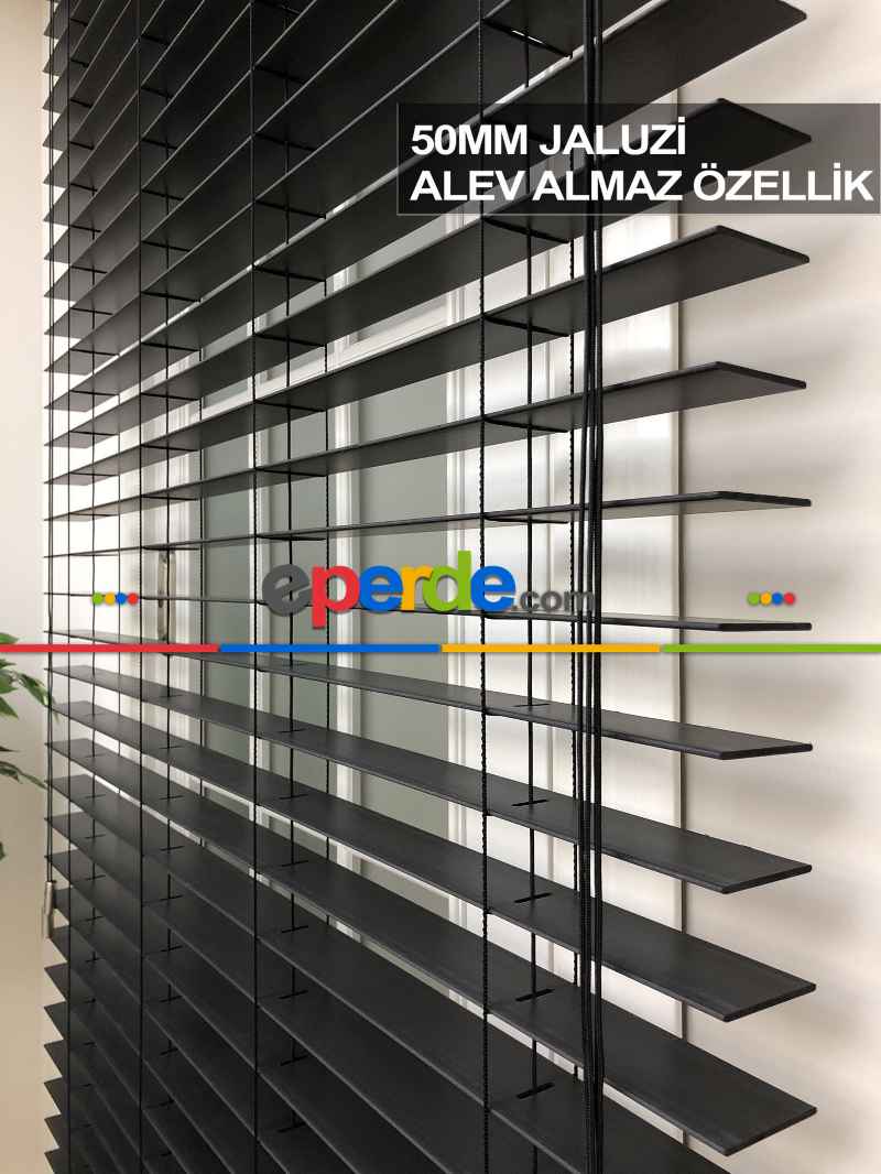 50mm Antrasit Ahşap Efektli Jaluzi Perde Alev Almaz Özellik- Antrasit