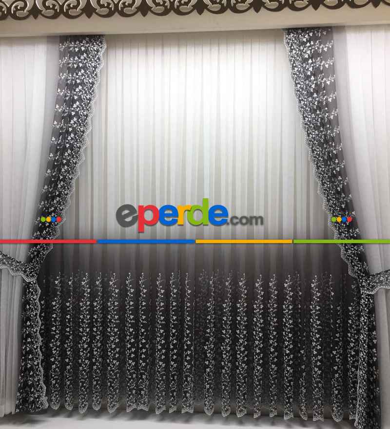 Salon Tül - Gri Degrade İşlemeli Tül