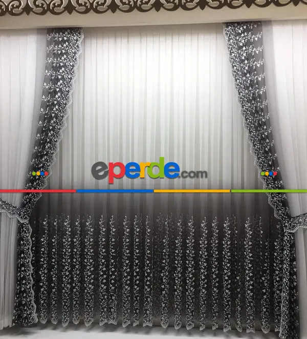 Antrasit Degrade Geçişli Etek Ucu Minik Papatya Desenli İşlemeli Tül