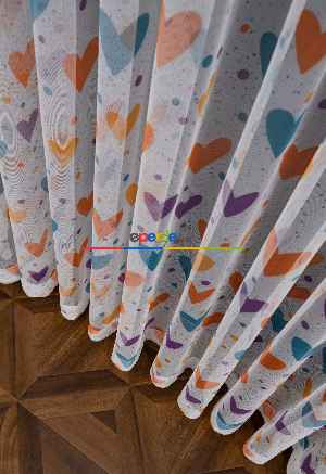 Hazır Ölçülü Petek Zemin Turuncu Ve Mavi Renkli Kalpler - Puantiye Desenli Grek Baskılı Tül Perde