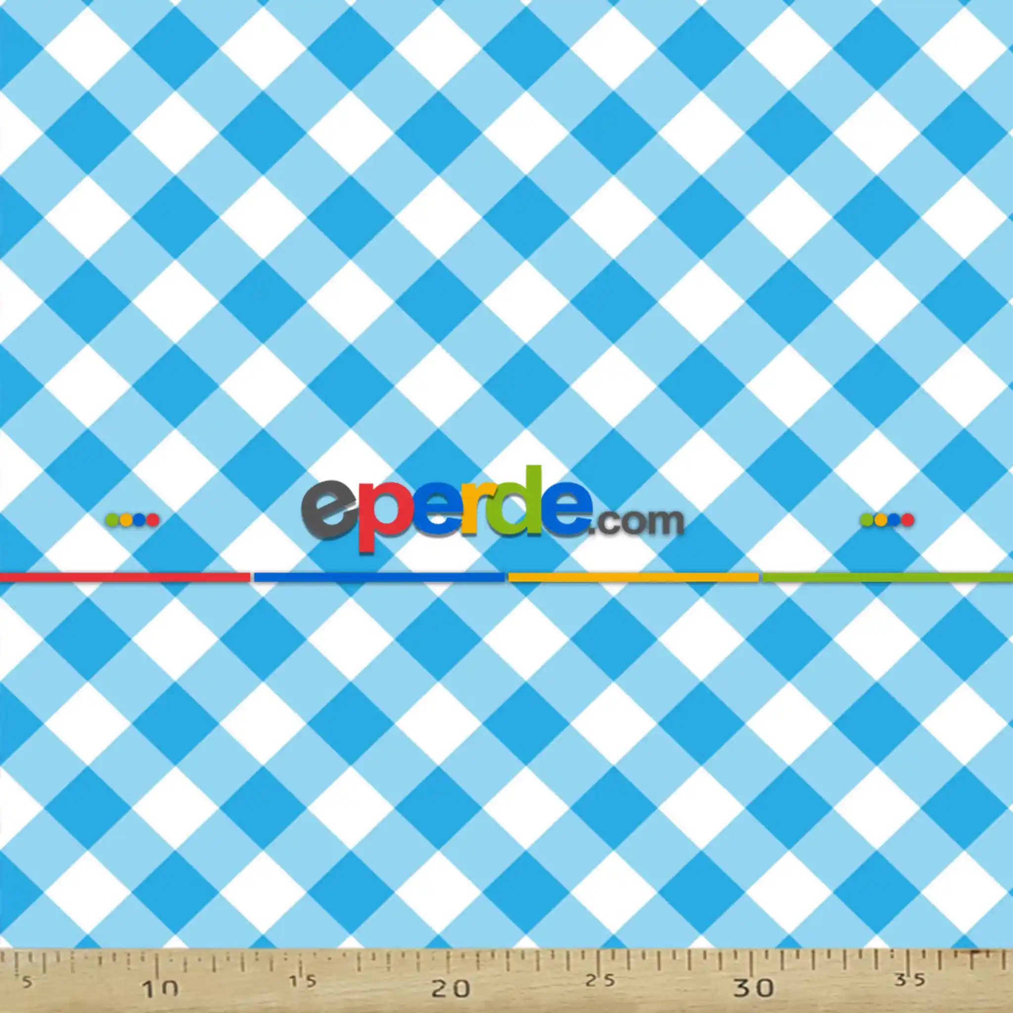 Mavi Ekoseli Mutfak Perdesi Kanat Fon Perde Desenli- Mavi