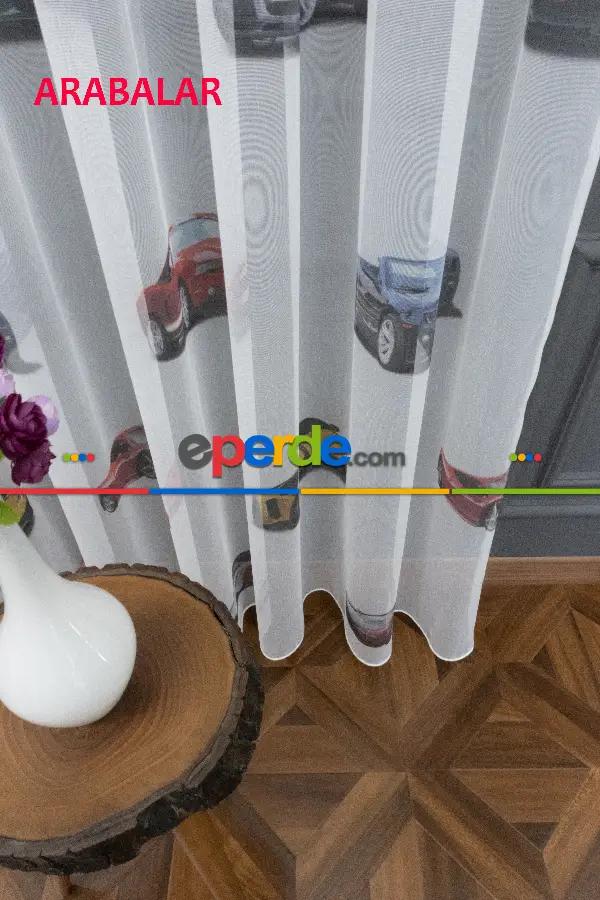 Çocuk Odası - Arabalar Desenli Modern Tül Perde - Elit Ürün