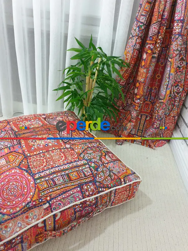 Hint El İşlemesi Desenli Baskılı Fon Perde - Kampanyalı Kaliteli Ürün- Turuncu- Çok Renkli 3