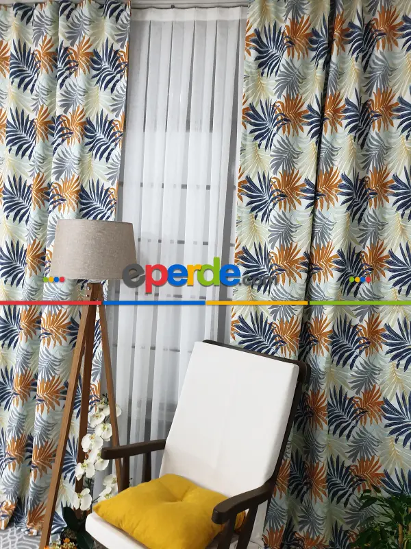 Mutfak Perdesi Kanat Fon Perde Yaprak Desenli- Siyah